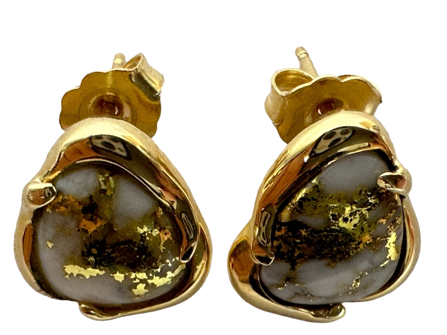 Stunning Pair Of 14K Gold Earrings With Gold Veined Quartz Stones 3.9g [Photo 2]
