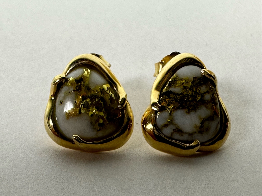 Stunning Pair Of 14K Gold Earrings With Gold Veined Quartz Stones 3.9g [Photo 6]