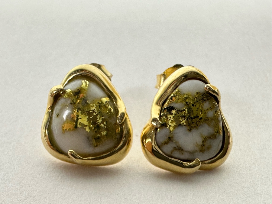 Stunning Pair Of 14K Gold Earrings With Gold Veined Quartz Stones 3.9g [Photo 5]