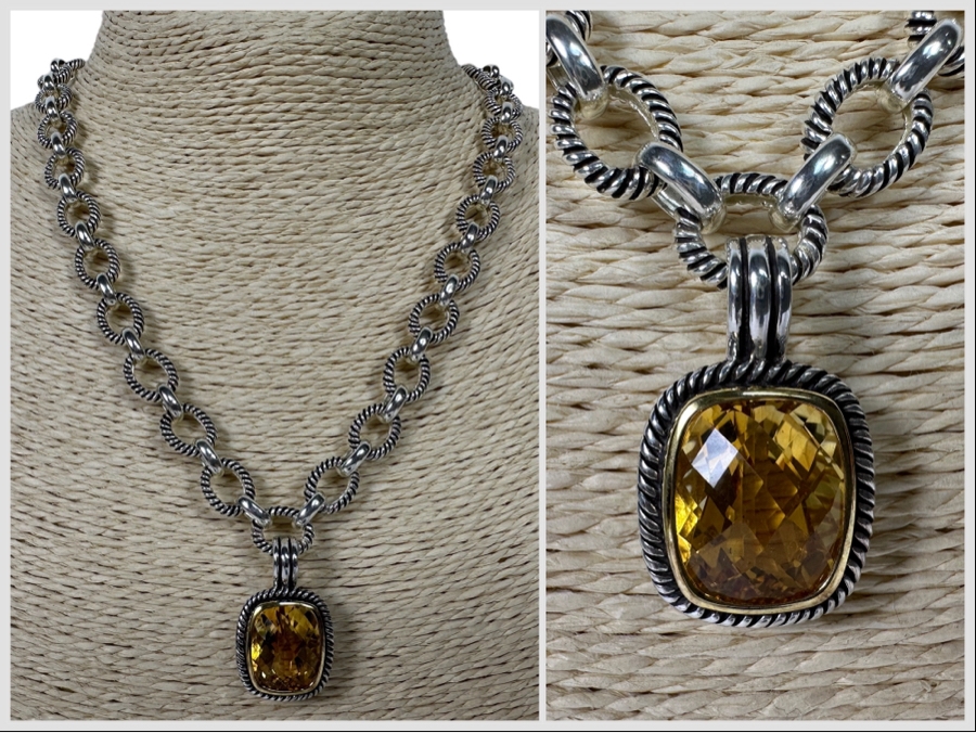 Stunning Sterling Silver Faceted Stone Pendant With Sterling Silver 18' Chain Necklace 56.2g [Photo 1]