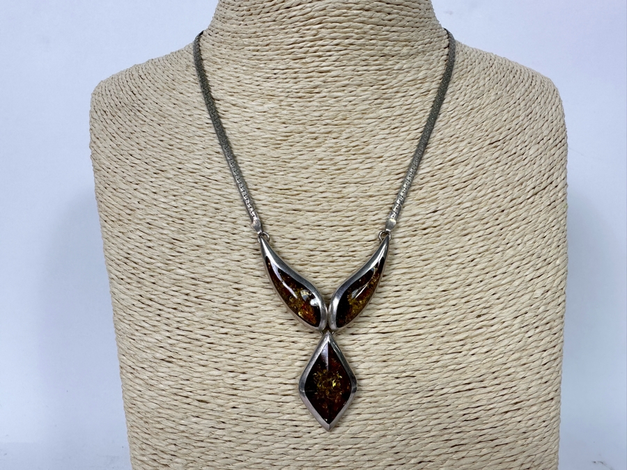 Stunning Sterling Silver Amber Pendant 16' Necklace 20g [Photo 12]