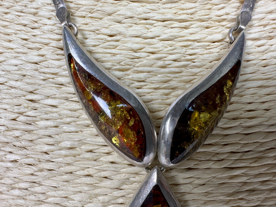 Stunning Sterling Silver Amber Pendant 16' Necklace 20g [Photo 6]