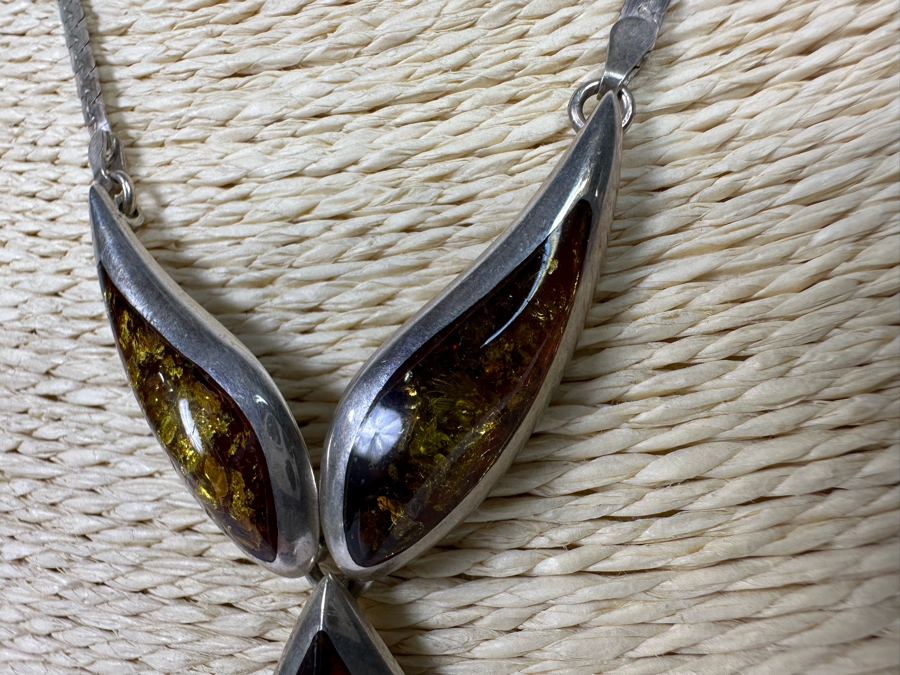 Stunning Sterling Silver Amber Pendant 16' Necklace 20g [Photo 7]