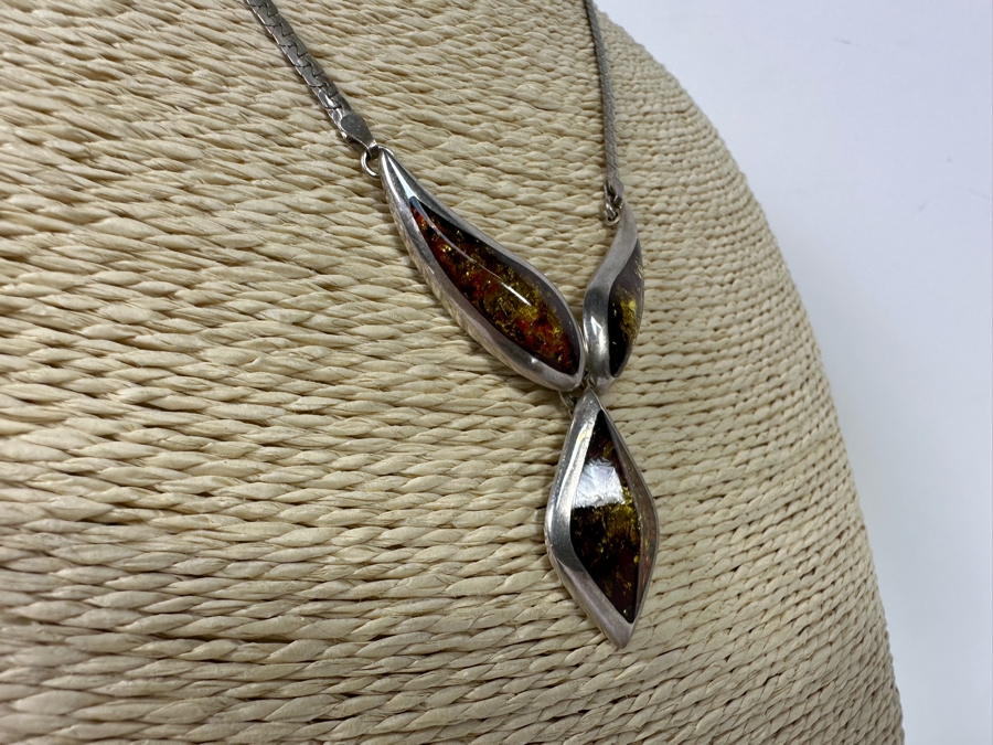 Stunning Sterling Silver Amber Pendant 16' Necklace 20g [Photo 8]