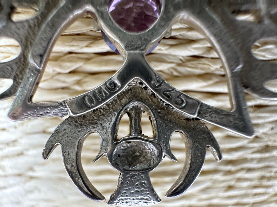 Sterling Silver Amethyst Pendant / Brooch Pin With Sterling Silver 20' Chain Necklace 11.9g [Photo 6]