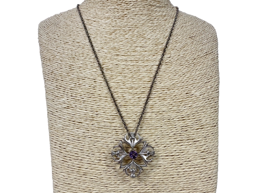 Sterling Silver Amethyst Pendant / Brooch Pin With Sterling Silver 20' Chain Necklace 11.9g [Photo 1]