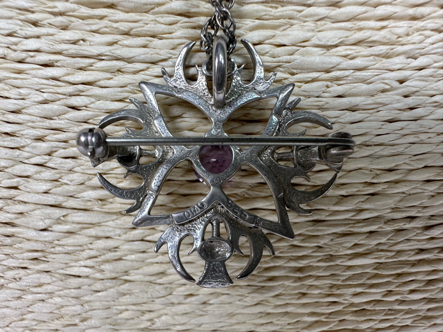 Sterling Silver Amethyst Pendant / Brooch Pin With Sterling Silver 20' Chain Necklace 11.9g [Photo 5]