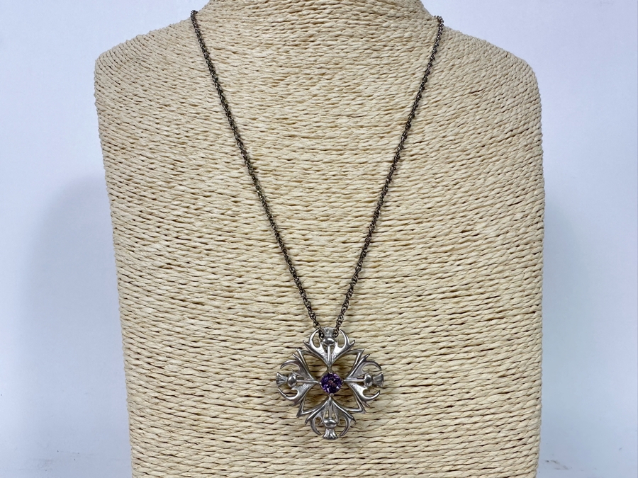 Sterling Silver Amethyst Pendant / Brooch Pin With Sterling Silver 20' Chain Necklace 11.9g [Photo 2]