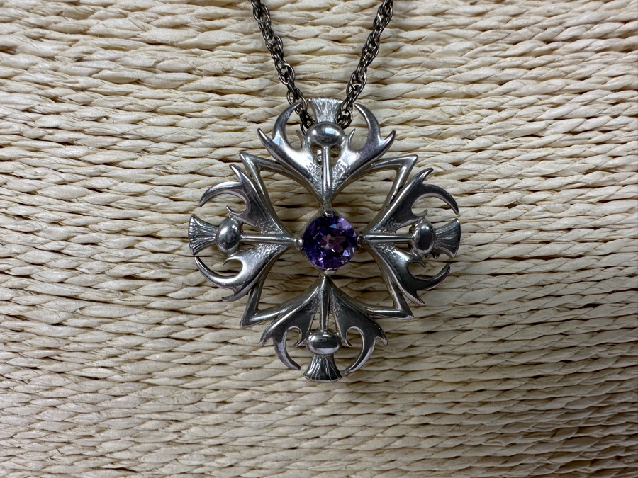 Sterling Silver Amethyst Pendant / Brooch Pin With Sterling Silver 20' Chain Necklace 11.9g [Photo 3]