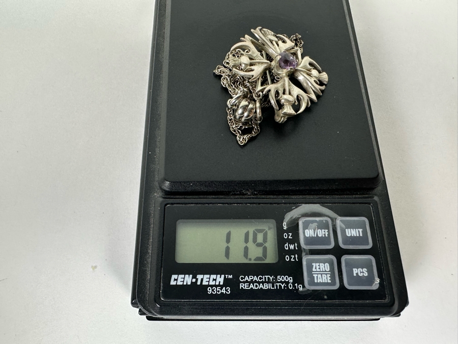 Sterling Silver Amethyst Pendant / Brooch Pin With Sterling Silver 20' Chain Necklace 11.9g [Photo 9]