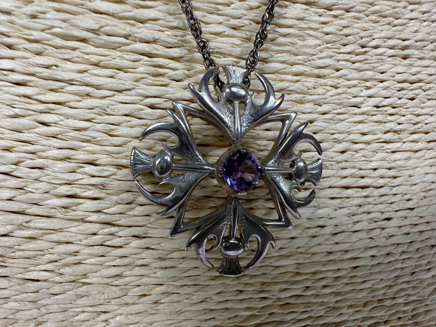Sterling Silver Amethyst Pendant / Brooch Pin With Sterling Silver 20' Chain Necklace 11.9g [Photo 4]