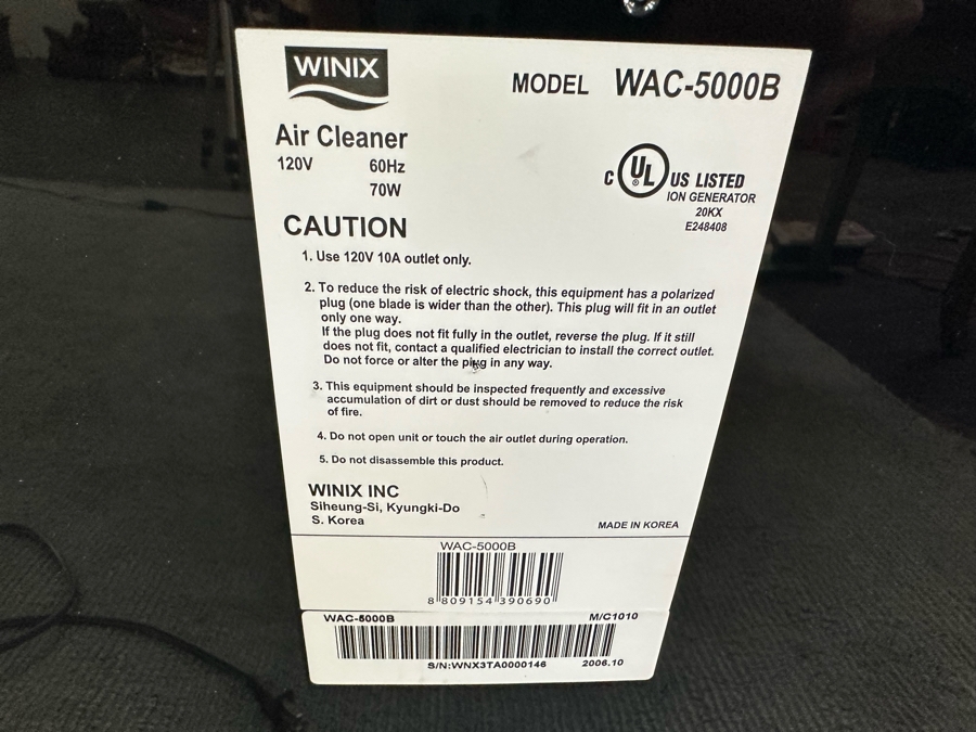 WINIX Portable Air Cleaner Model WAC-5000B 16.5W X 8.5D X 22H [Photo 5]