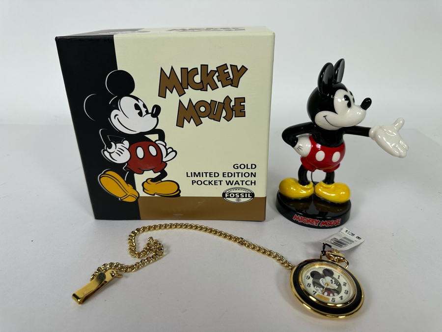 Gold Limited Edition Mickey Mouse Pocket Watch By Fossil With Mickey Mouse Figurine Retails $120 [Photo 3]