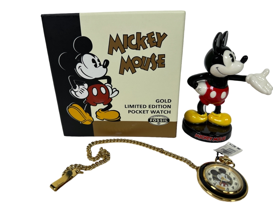 Gold Limited Edition Mickey Mouse Pocket Watch By Fossil With Mickey Mouse Figurine Retails $120 [Photo 1]