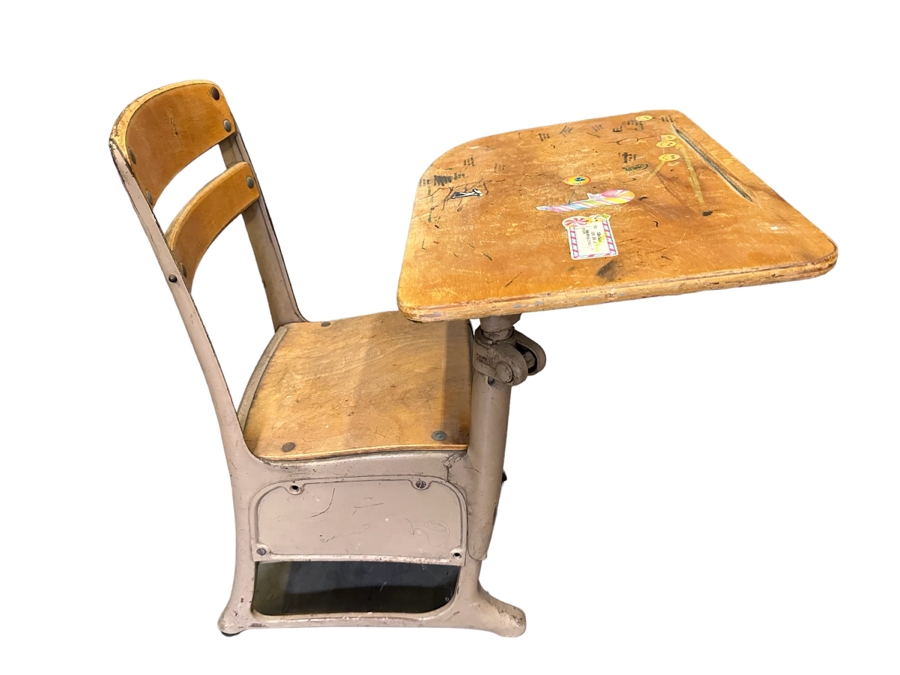 Vintage Wooden And Metal Stand Alone Children's School Desk With Cubby-Hole 18W X 23D X 23.5H