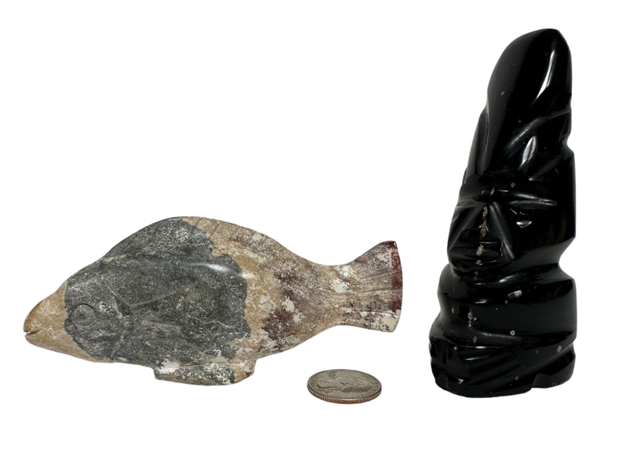 Pair Of Carved Stone Figurines: Fish & Tike Totem Aztec [Photo 1]