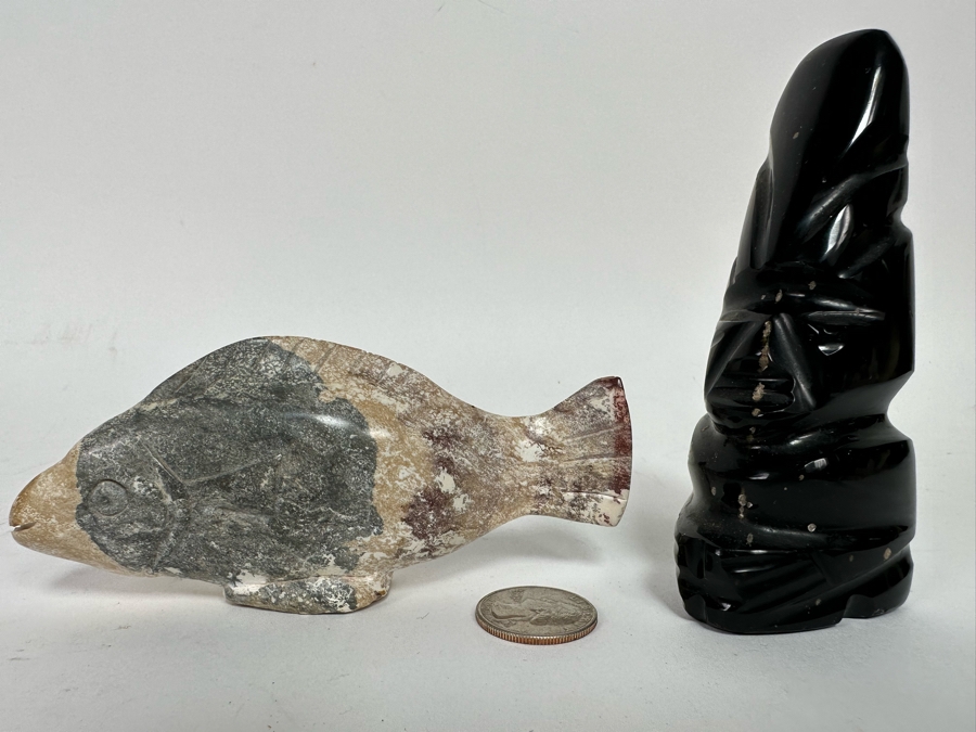 Pair Of Carved Stone Figurines: Fish & Tike Totem Aztec [Photo 3]