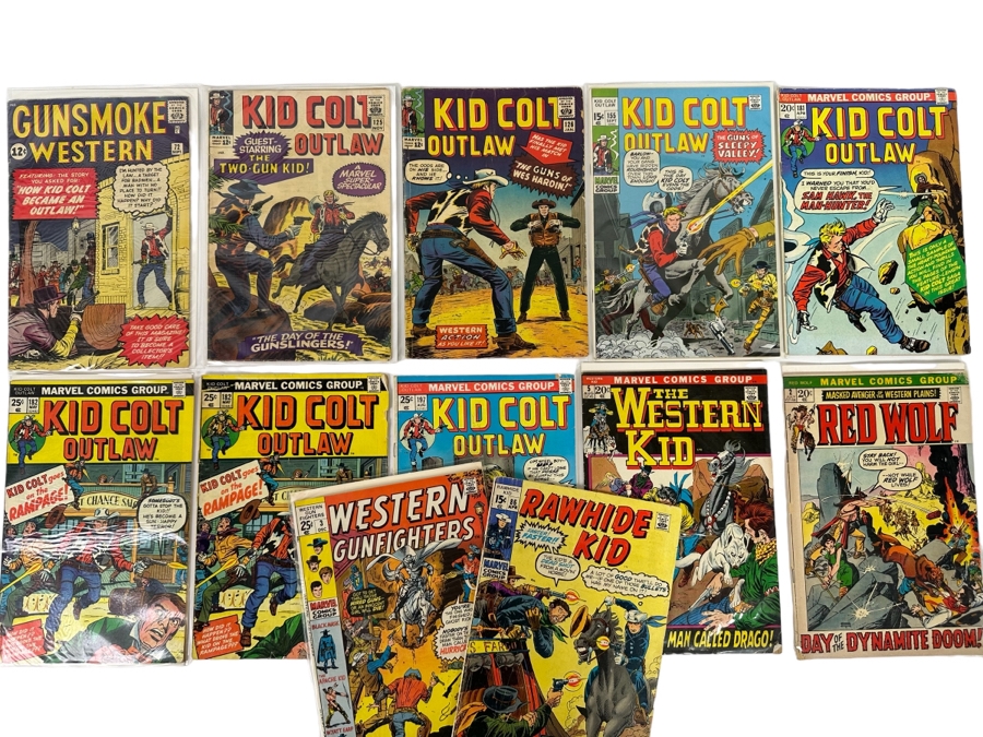 Marvel Gunsmoke Western #72 (Origin Of Kid Colt) Comic Book, (7) Kid Colt Outlaw Comic Books, The Western Kid, Red Wolf, Western Gunfighters & Rawhide Kid Comic Books