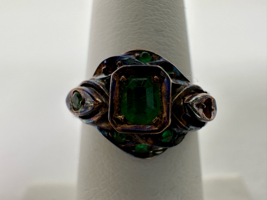 Antique 18K Gold Emerald Ring Missing 2 Stones Size 5.5 4.3g Fair Market Value $224 Retail $672 [Photo 2]