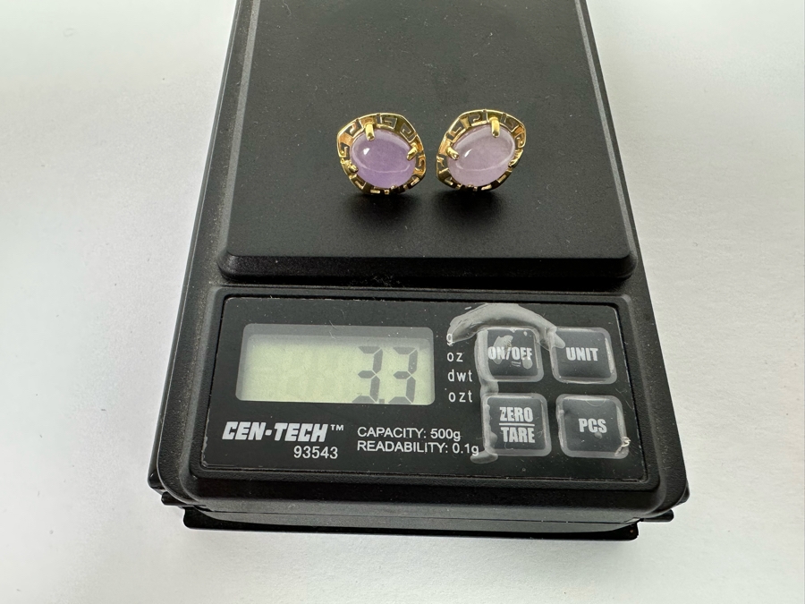 14K Gold Lavender Jade Greek Key Earrings 3.3g [Photo 13]