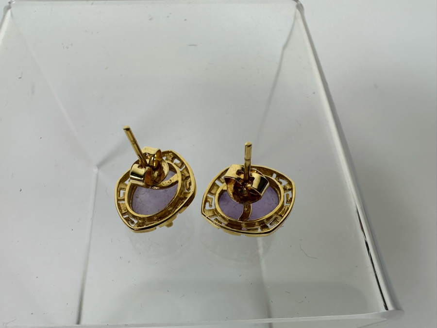 14K Gold Lavender Jade Greek Key Earrings 3.3g [Photo 7]
