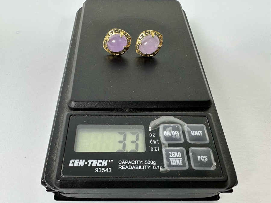 14K Gold Lavender Jade Greek Key Earrings 3.3g [Photo 10]