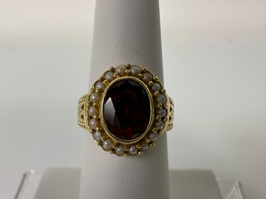 14K Gold Garnet & Seed Pearl Ring Victorian Style 5.4g Fair Market Value $350 Retail $1,050 [Photo 4]