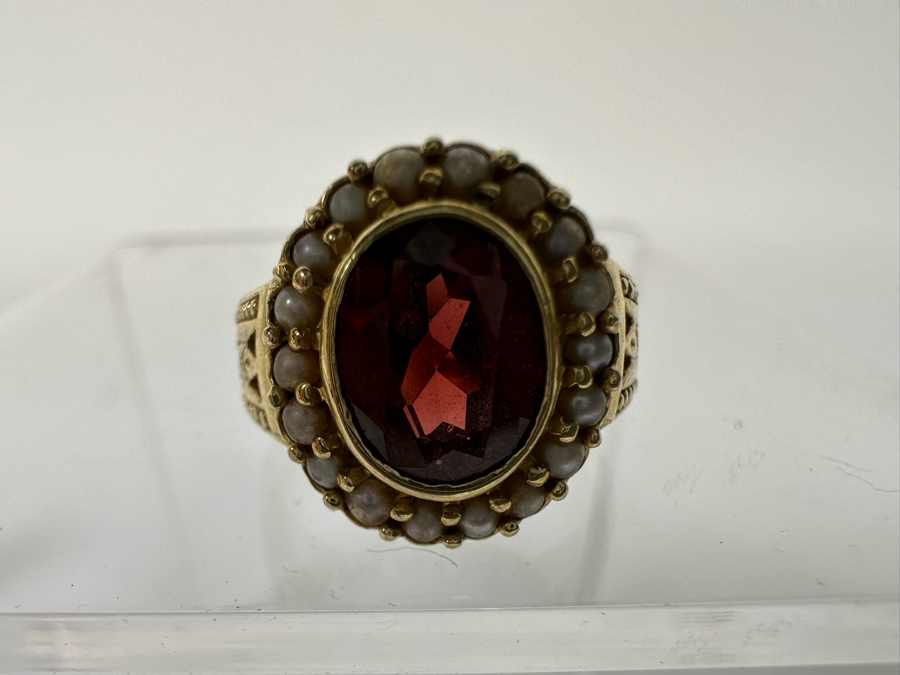 14K Gold Garnet & Seed Pearl Ring Victorian Style 5.4g Fair Market Value $350 Retail $1,050 [Photo 15]