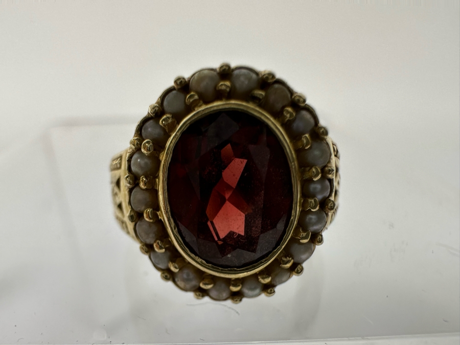 14K Gold Garnet & Seed Pearl Ring Victorian Style 5.4g Fair Market Value $350 Retail $1,050 [Photo 14]