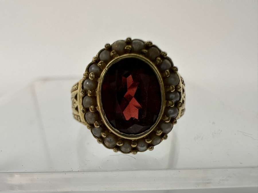 14K Gold Garnet & Seed Pearl Ring Victorian Style 5.4g Fair Market Value $350 Retail $1,050 [Photo 16]