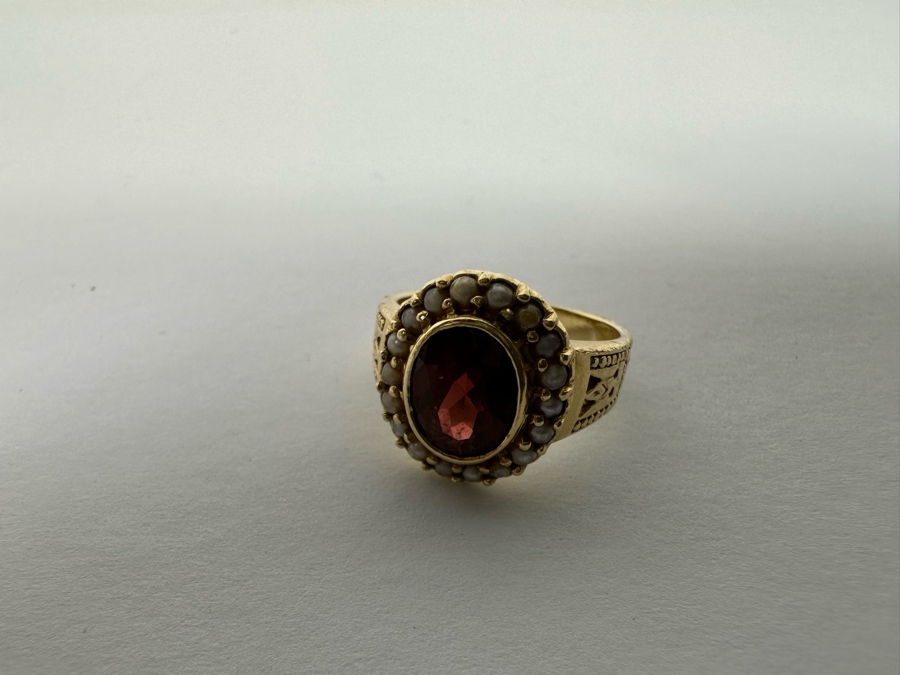 14K Gold Garnet & Seed Pearl Ring Victorian Style 5.4g Fair Market Value $350 Retail $1,050 [Photo 11]