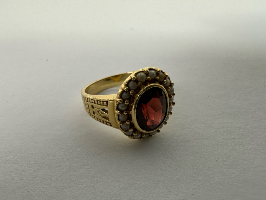 14K Gold Garnet & Seed Pearl Ring Victorian Style 5.4g Fair Market Value $350 Retail $1,050 [Photo 10]
