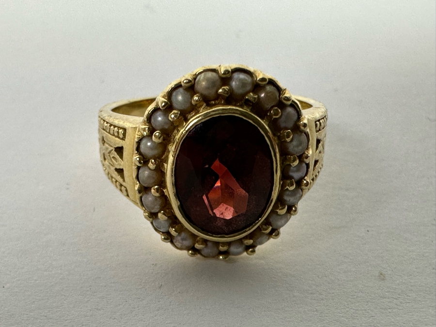 14K Gold Garnet & Seed Pearl Ring Victorian Style 5.4g Fair Market ...