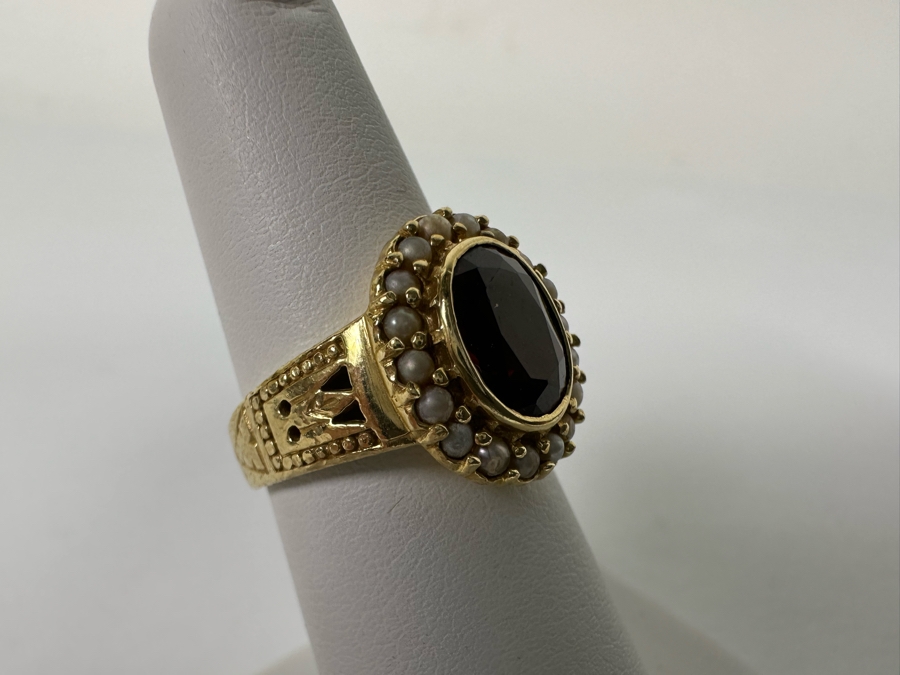 14K Gold Garnet & Seed Pearl Ring Victorian Style 5.4g Fair Market Value $350 Retail $1,050 [Photo 7]