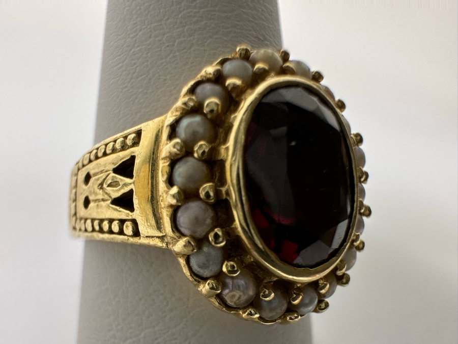 14K Gold Garnet & Seed Pearl Ring Victorian Style 5.4g Fair Market Value $350 Retail $1,050 [Photo 2]