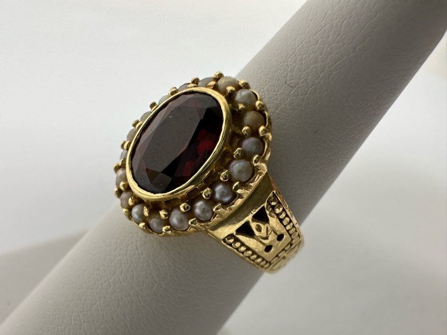14K Gold Garnet & Seed Pearl Ring Victorian Style 5.4g Fair Market Value $350 Retail $1,050 [Photo 9]