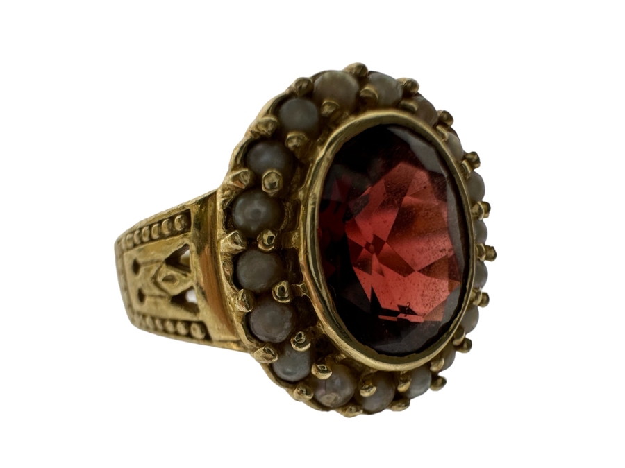 14K Gold Garnet & Seed Pearl Ring Victorian Style 5.4g Fair Market Value $350 Retail $1,050 [Photo 1]