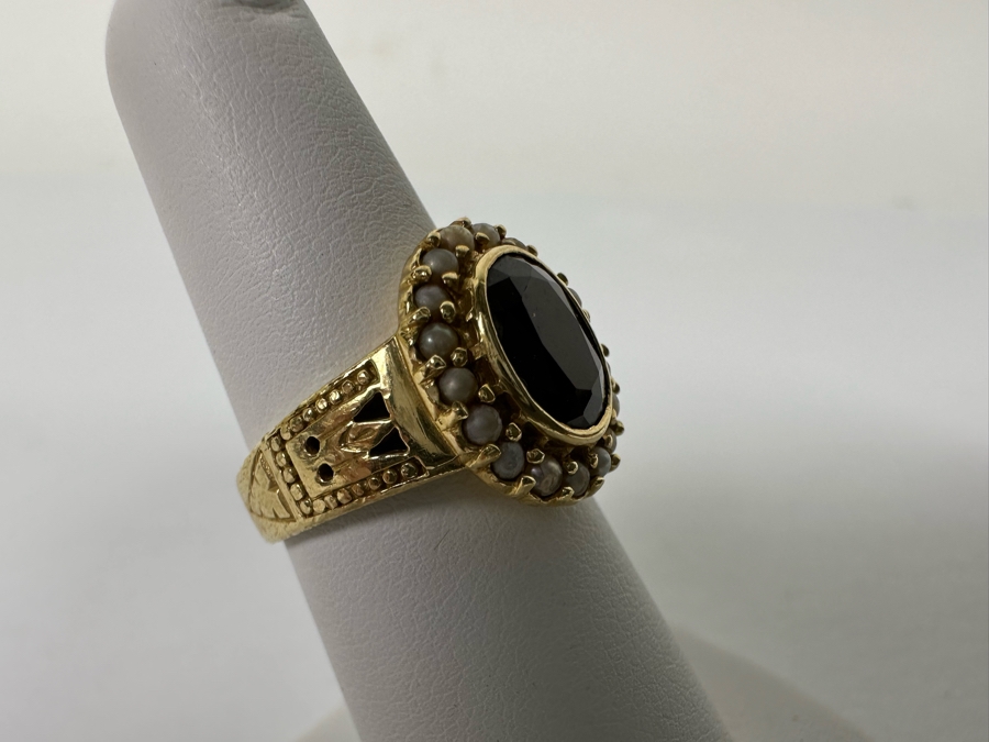 14K Gold Garnet & Seed Pearl Ring Victorian Style 5.4g Fair Market Value $350 Retail $1,050 [Photo 6]