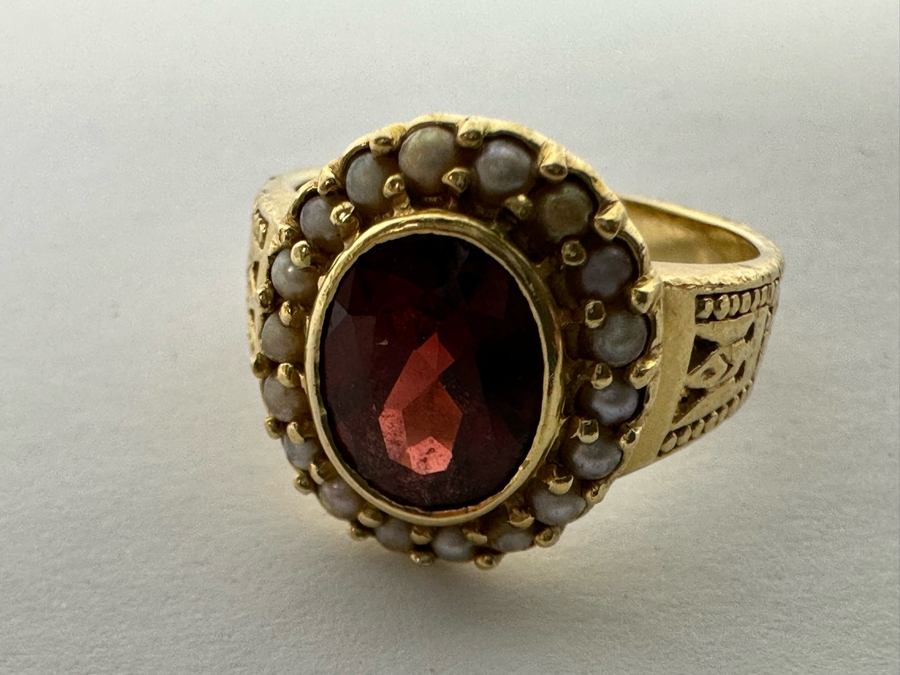 14K Gold Garnet & Seed Pearl Ring Victorian Style 5.4g Fair Market Value $350 Retail $1,050 [Photo 12]