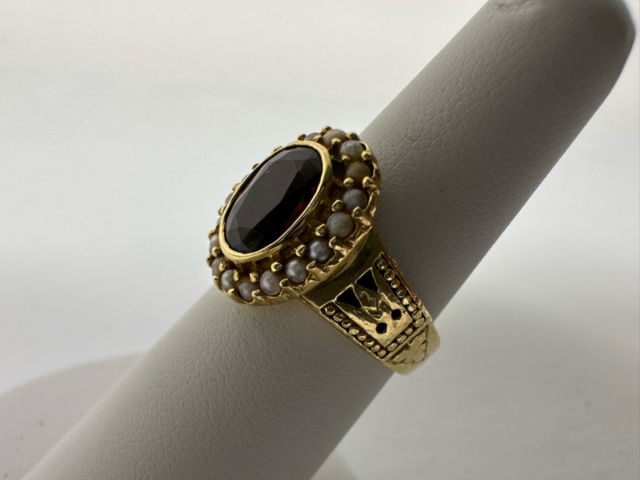 14K Gold Garnet & Seed Pearl Ring Victorian Style 5.4g Fair Market Value $350 Retail $1,050 [Photo 8]