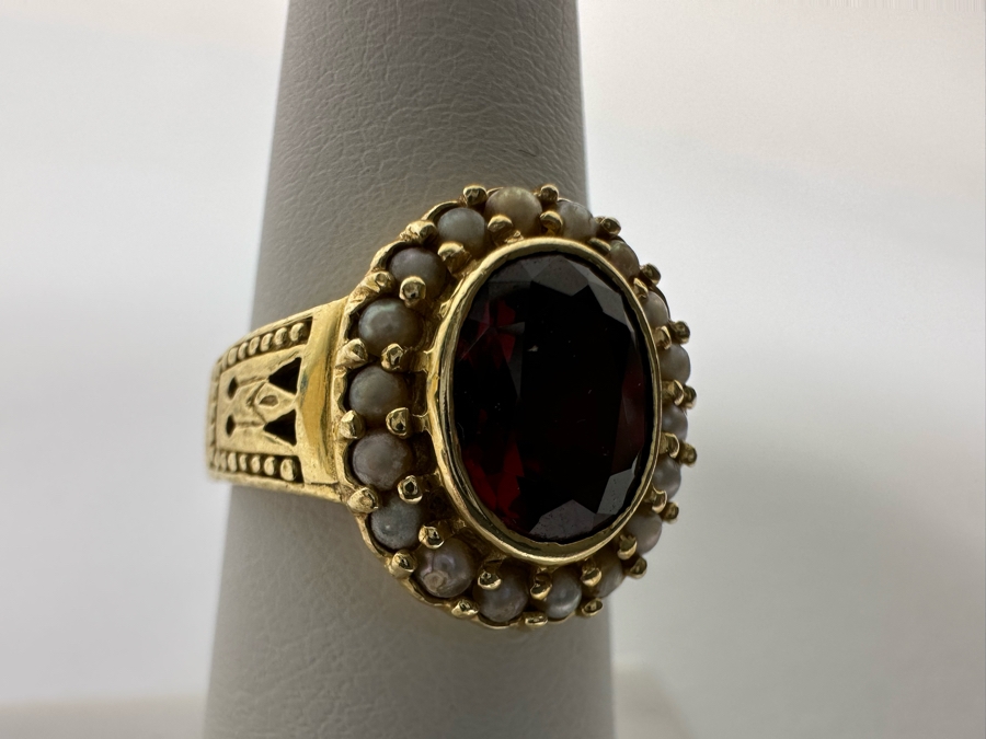 14K Gold Garnet & Seed Pearl Ring Victorian Style 5.4g Fair Market Value $350 Retail $1,050 [Photo 3]