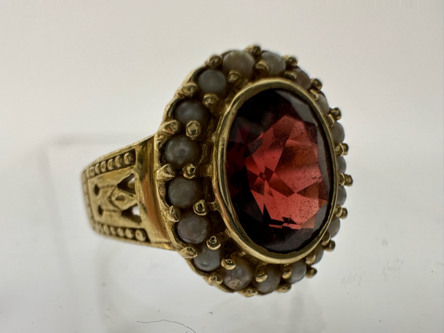14K Gold Garnet & Seed Pearl Ring Victorian Style 5.4g Fair Market Value $350 Retail $1,050 [Photo 17]