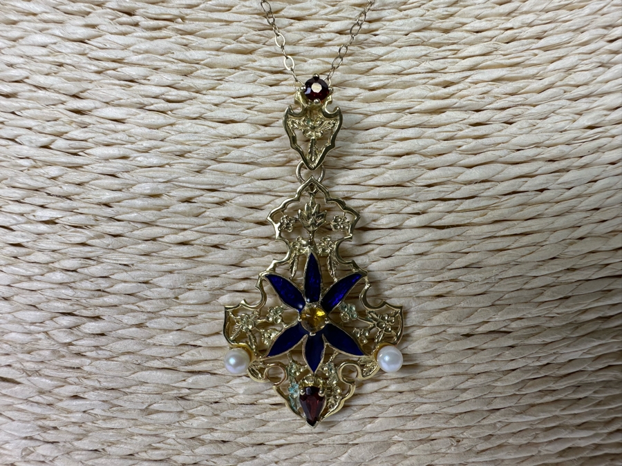 14K Gold Garnet, Citrine, Pearl & Enamel Pendant With 9K Gold 17' Chain Necklace 3.3g [Photo 6]