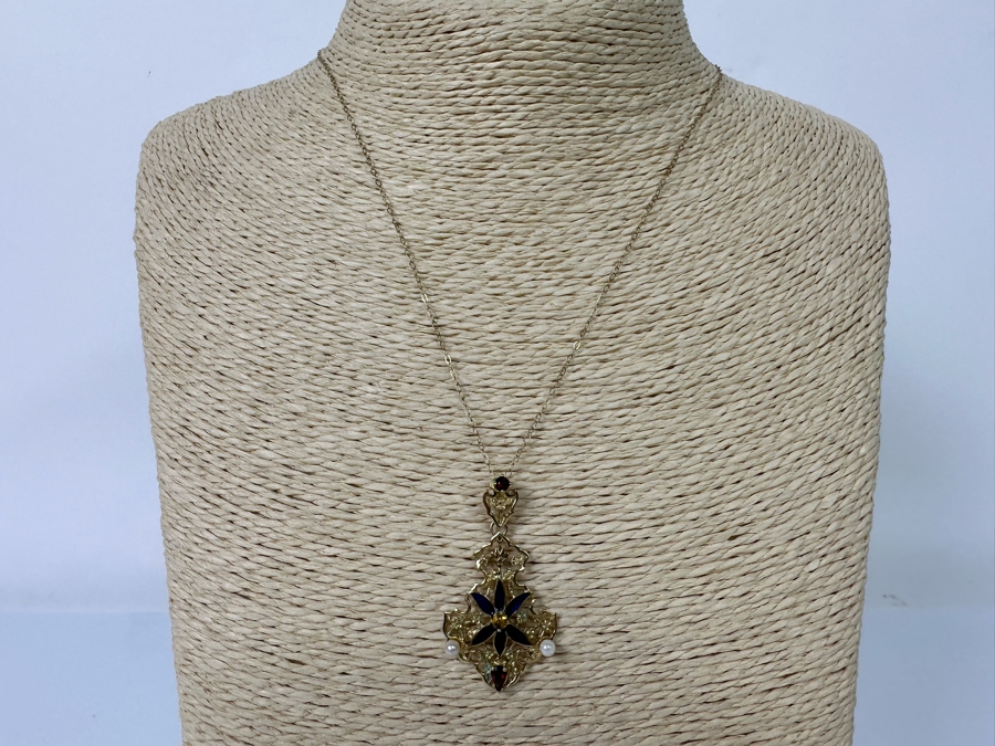 14K Gold Garnet, Citrine, Pearl & Enamel Pendant With 9K Gold 17' Chain Necklace 3.3g [Photo 4]