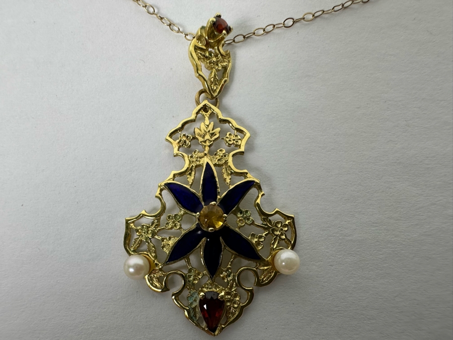 14K Gold Garnet, Citrine, Pearl & Enamel Pendant With 9K Gold 17' Chain Necklace 3.3g [Photo 9]