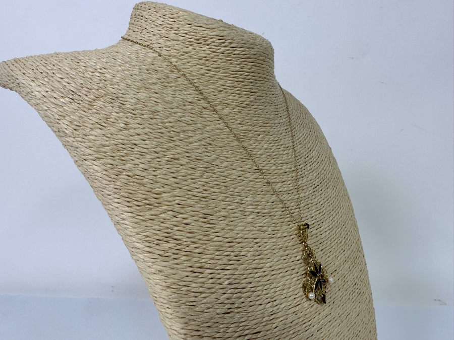 14K Gold Garnet, Citrine, Pearl & Enamel Pendant With 9K Gold 17' Chain Necklace 3.3g [Photo 7]