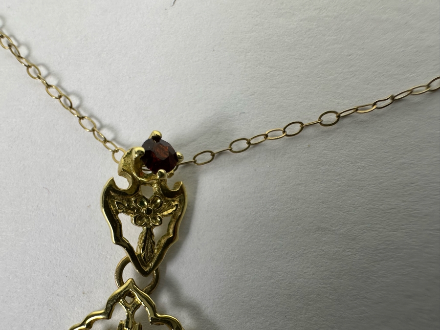 14K Gold Garnet, Citrine, Pearl & Enamel Pendant With 9K Gold 17' Chain Necklace 3.3g [Photo 14]