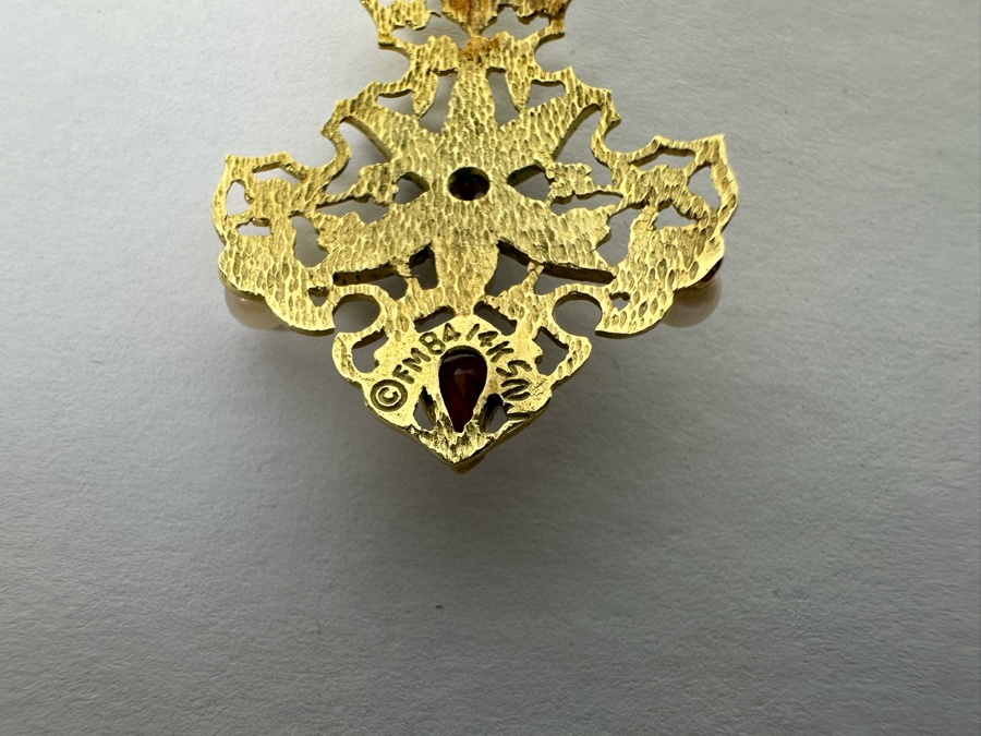 14K Gold Garnet, Citrine, Pearl & Enamel Pendant With 9K Gold 17' Chain Necklace 3.3g [Photo 15]