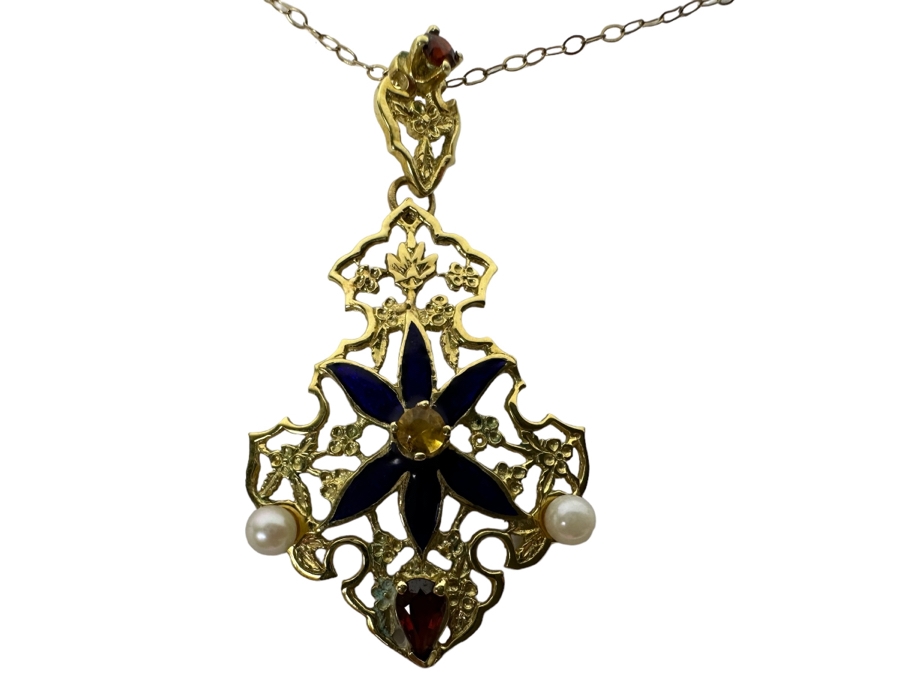 14K Gold Garnet, Citrine, Pearl & Enamel Pendant With 9K Gold 17' Chain Necklace 3.3g [Photo 2]