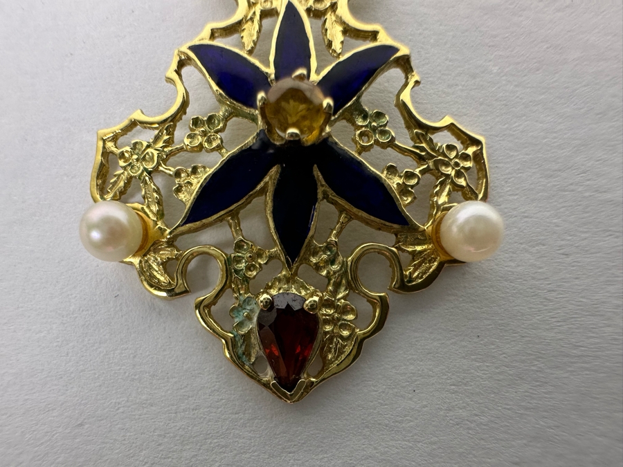 14K Gold Garnet, Citrine, Pearl & Enamel Pendant With 9K Gold 17' Chain Necklace 3.3g [Photo 12]
